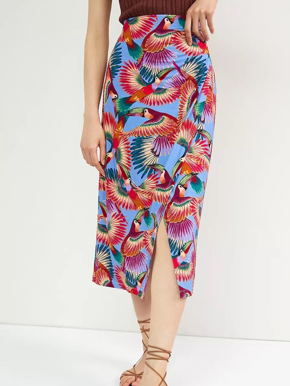 NWT Farm Rio Toucan Getaway Midi Skirt Tropical Birds Blue Red Size XL